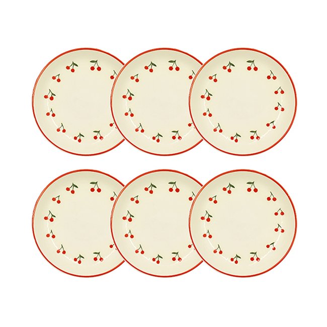 Lot de 6 assiettes creuses 20,5cm en grès, CERISE Couleur beige et rouge <span itemprop=