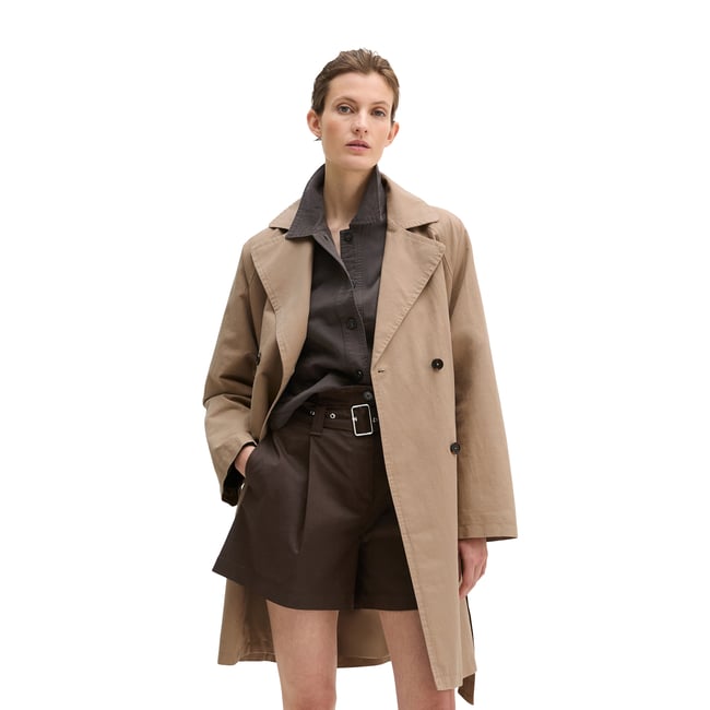 Trench-coat régulier dans un mélange décontracté de coton et de froufrous marron <span itemprop=