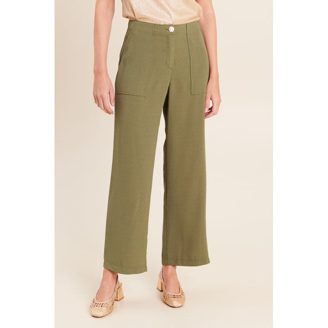 Pantalon large 7/8ème taille haute vert kaki <span itemprop=
