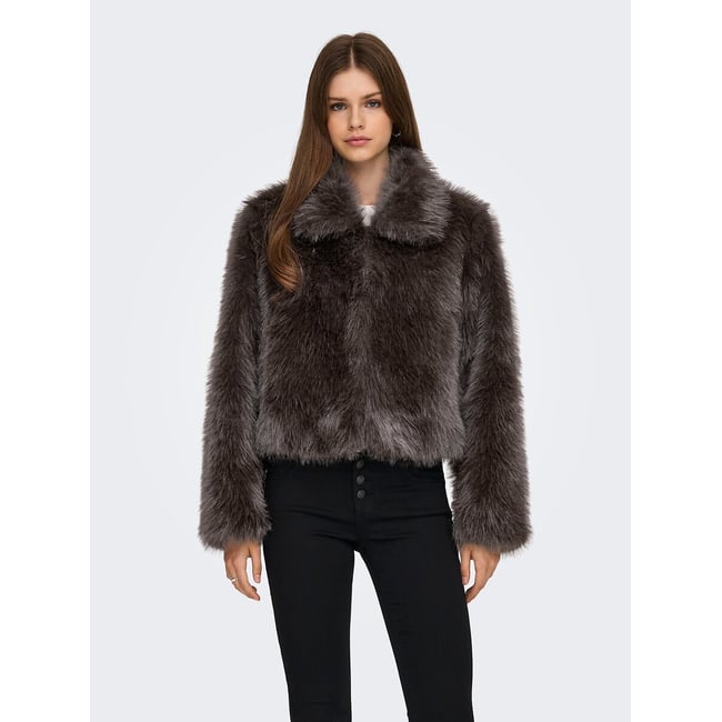 Manteau court en tissu duveteux à poils longs marron chocolat <span itemprop=