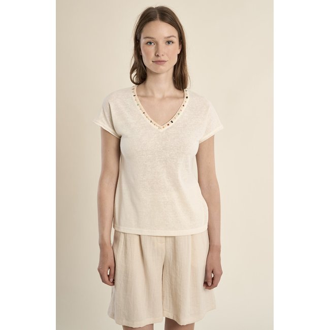 T-shirt manches courtes col v détail perles  blanc <span itemprop=
