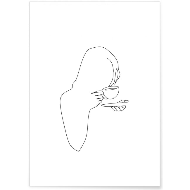 Affiche Line Art Women Drinking Coffee Couleur blanc <span itemprop=
