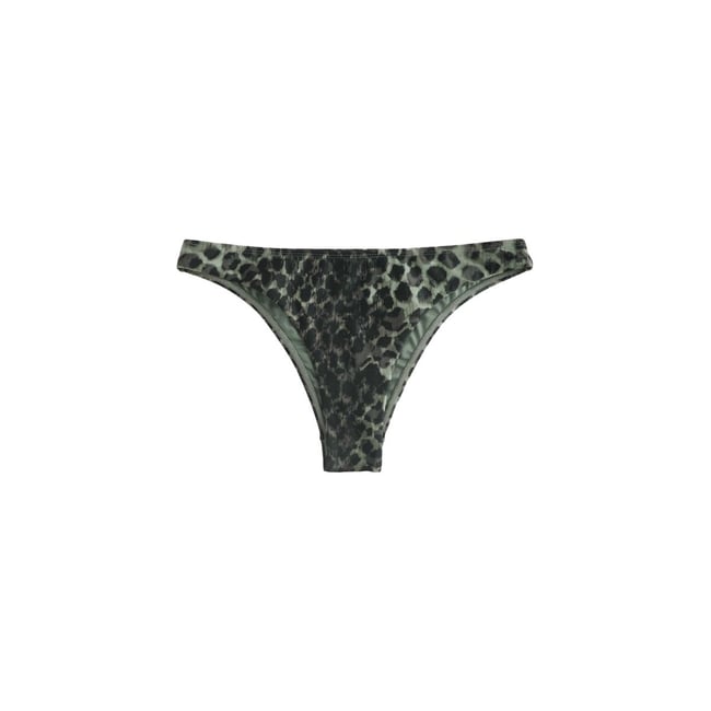 Bas de bikini brésilien échancré imprimé léopard vert et noir <span itemprop=