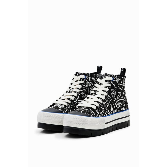 Baskets montantes à plateforme dessins noir <span itemprop=