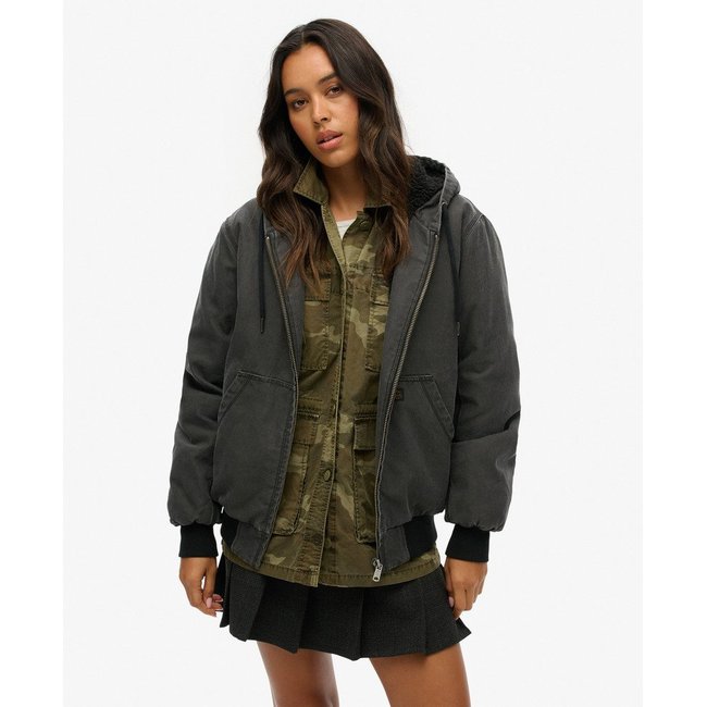 Blouson aviateur oversize à capuche Vintage Workwear noir bison <span itemprop=
