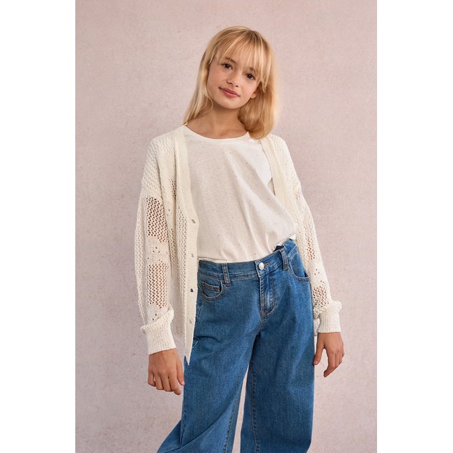 Gilet en maille ajourée, motif fleur blanc <span itemprop=