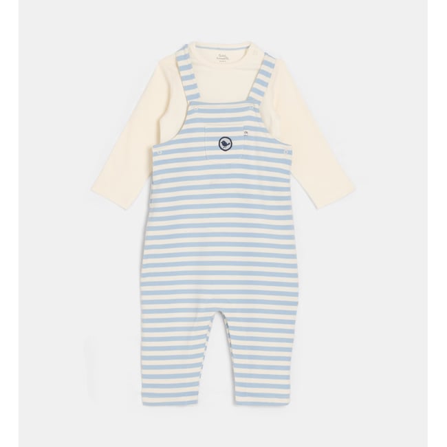 Ensemble tyron salopette et t-shirt manches longues écru et bleu <span itemprop=
