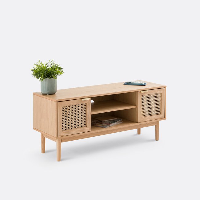 Meuble télé, frêne et cannage, 2 portes, Loris Couleur naturel <span itemprop=