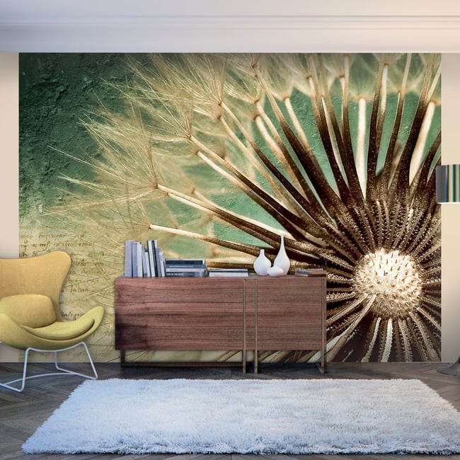 Papier peint intissé panoramique Fleurs Focus on dandelion Couleur beige <span itemprop=