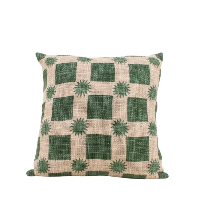 Coussin en coton natté imprimé soleils 40x40cm vert <span itemprop=