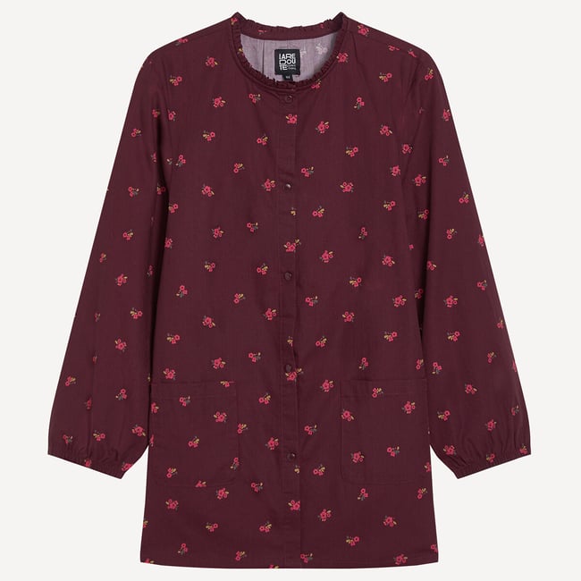 Tablier imprimé fleurs imprimé bordeaux <span itemprop=