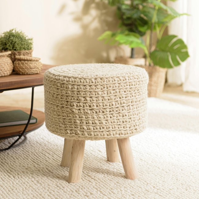Petit tabouret rond laine tressée et bois TIM Couleur ecru <span itemprop=