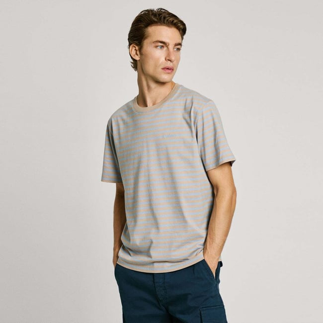 T-shirt col rond rayé jersey beige clair <span itemprop=