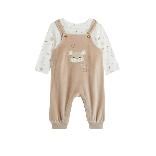 Ensemble salopette bébé en velours et t-shirt Eliah marron <span itemprop=