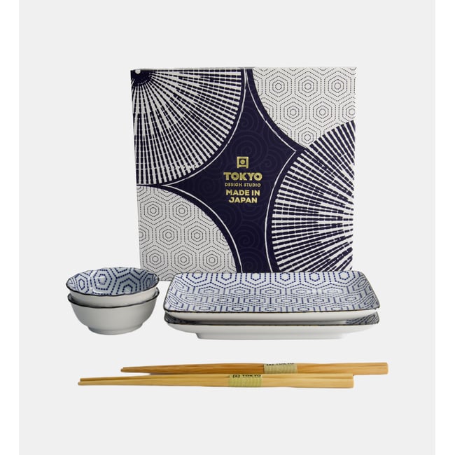 Coffret service sushi - 6 pièces Couleur blanc et bleu <span itemprop=