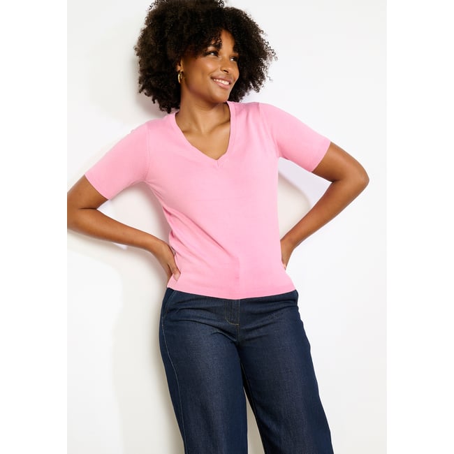Pull col V manches courtes rose bubblegum <span itemprop=