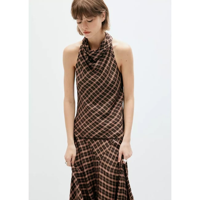 Top drapé à carreaux marron <span itemprop=