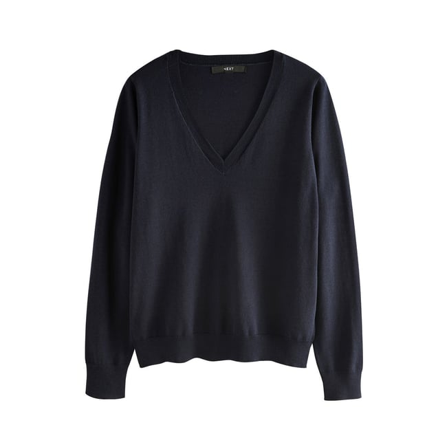 Pull doux en maille de coton à col v bleu marine <span itemprop=
