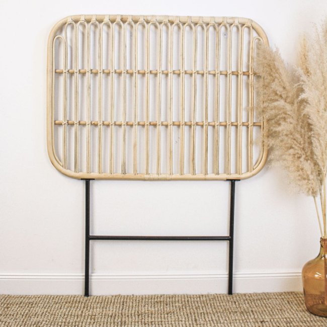 Tête de lit 1 place en rotin naturel et métal - JAVA Couleur rotin blanchi <span itemprop=