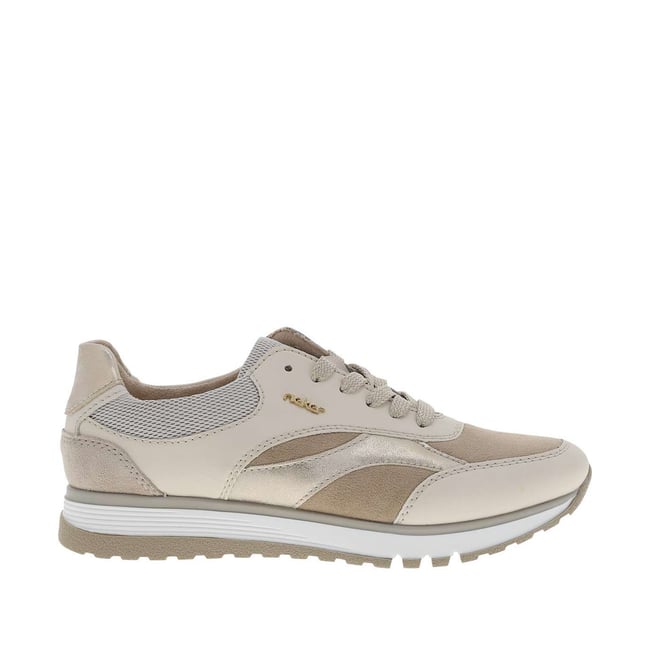 Baskets en cuir beiges à talon compensé bas avec des lacets et un zip latéral beige <span itemprop=