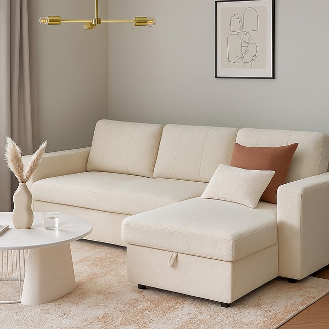 Nexis Soft Wool 3 Seater Corner Sofa Bed with Storage Chaise (Right Facing), natural, ASPIRE