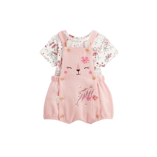 Ensemble salopette bébé en gaze de coton et t-shirt Petit Safari rose <span itemprop=