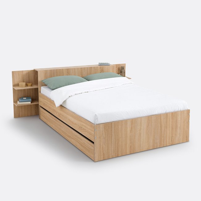 Cama con almacenamiento, estantes y cajón, Niolo efecto roble <span itemprop=