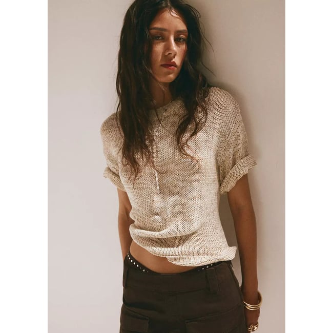 Pull à manches courtes en maille chinée beige <span itemprop=