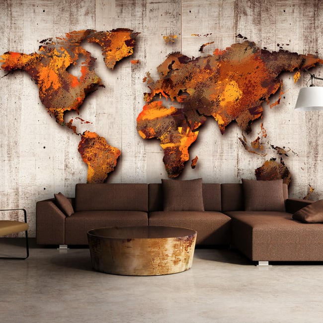 Papier peint intissé panoramique Carte du monde World of Bronze Couleur jaune / doré <span itemprop=