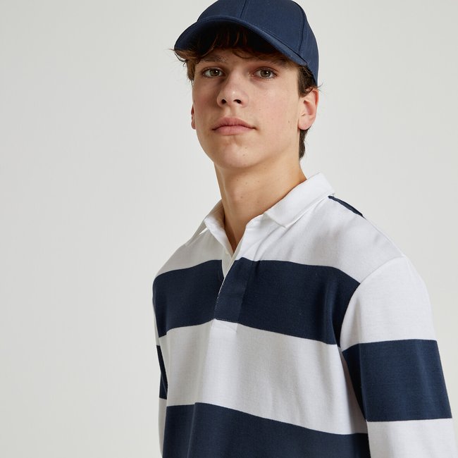 Striped Cotton Polo Shirt with Long Sleeves, navy blue/white, LA REDOUTE COLLECTIONS