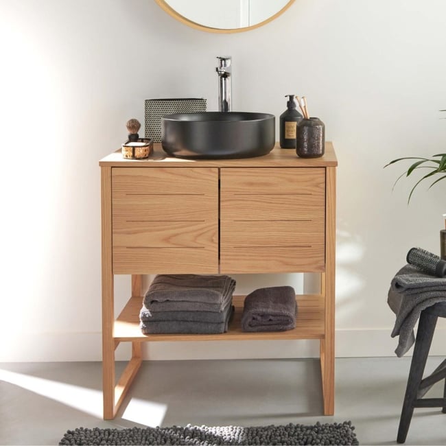 Meuble 70cm chêne vasque ronde noire robinet miroir ATOLL - MOB IN