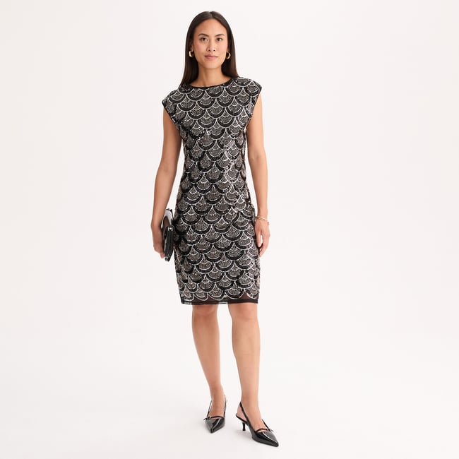 Vestido direito, sem mangas, com lantejoulas, até ao joelho preto/dourado <span itemprop=