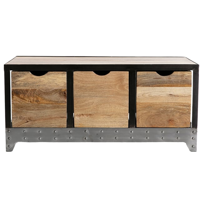 Meuble de rangement industriel en bois manguier massif et métal noir 3 tiroirs L100 cm ATELIER Couleur bois clair / noir <span itemprop=