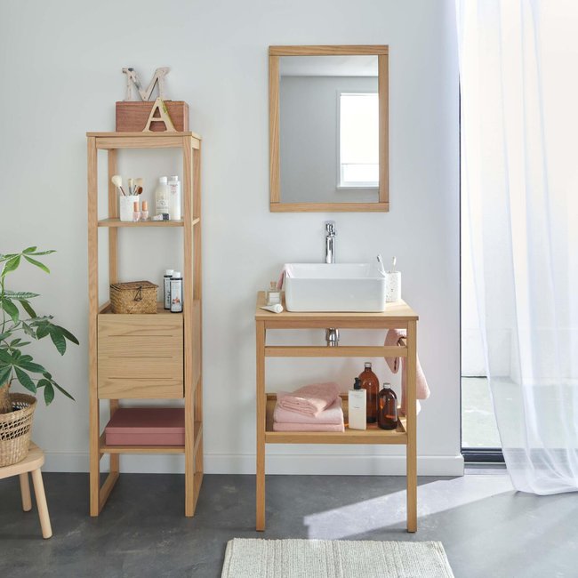 Meuble 60cm chêne, vasque carrée, robinet, miroir, colonne HOPP Couleur v002233 <span itemprop=