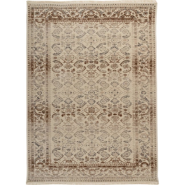 Tapis rectangulaire oriental, Charin Couleur beige sable patiné à motifs bruns et gris <span itemprop=