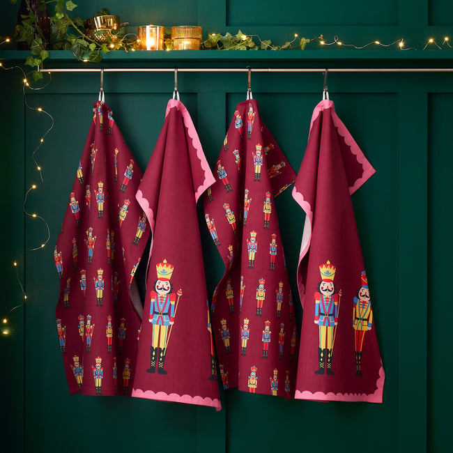 Christmas Nutcracker Cotton Kitchen Tea Towel Pack Of 4, plum, CATHERINE LANSFIELD
