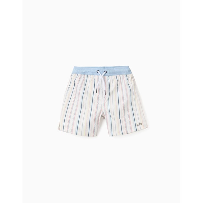 Short de bain à rayures ethniques et cordon B&S bleu clair <span itemprop=