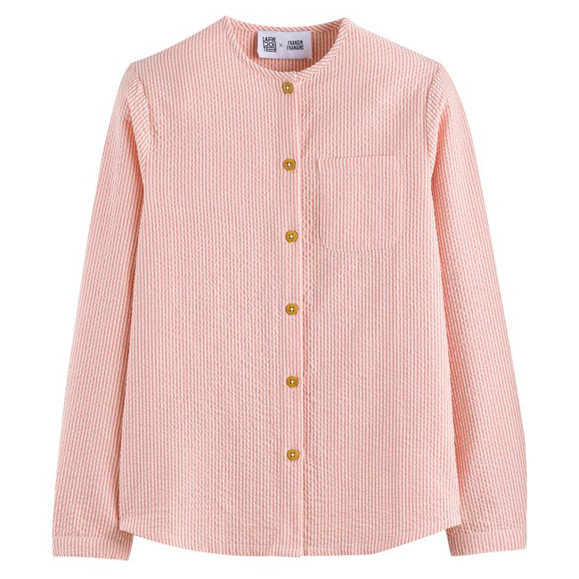 Chemise col mao, manches longues, seersucker rayé rayé taupe écru <span itemprop=