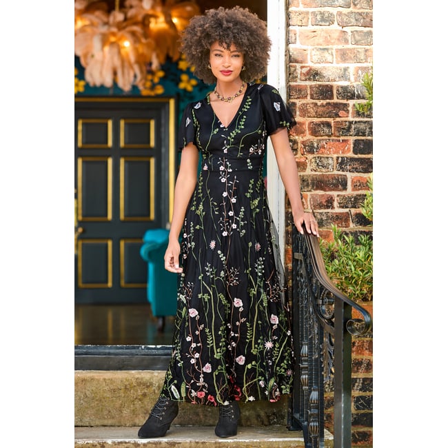 Robe Longue Brodée Fleurs Spectaculaires noir <span itemprop=