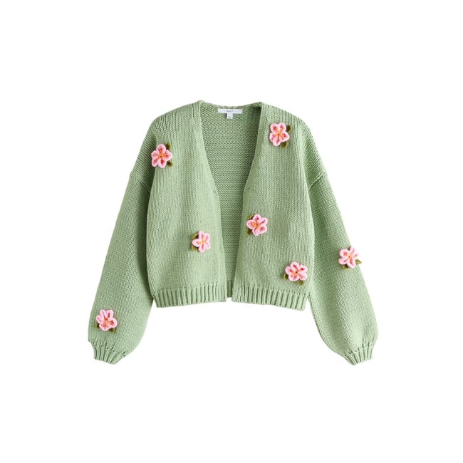 Cardigan en maille épaisse de coton mélangé fleurs roses 3d vert menthe <span itemprop=
