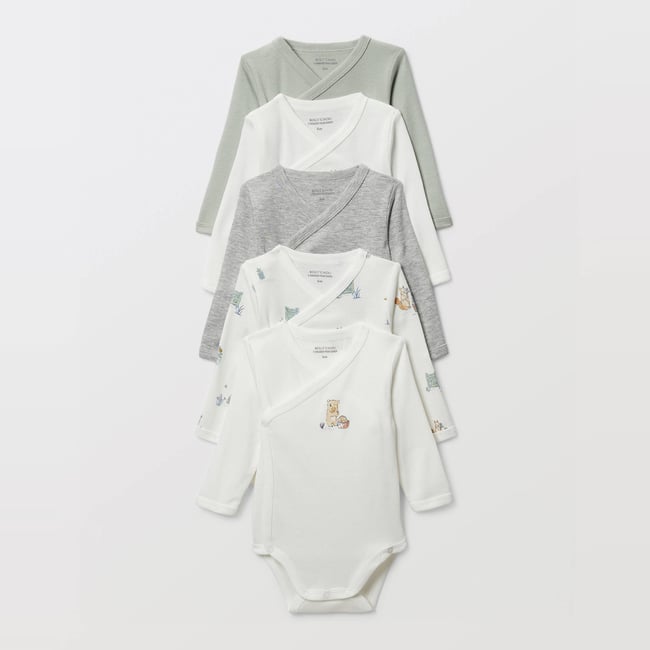 Lot de 5 bodies manches longues imprimé en coton BIO GOTS ecru <span itemprop=