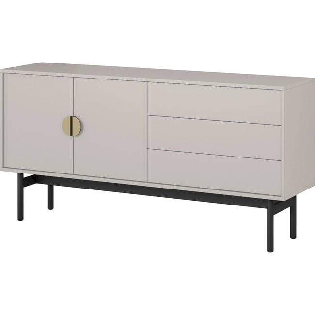 Buffet 2 portes 3 tiroirs collection STOON Couleur gris beige avec accents dorés <span itemprop=