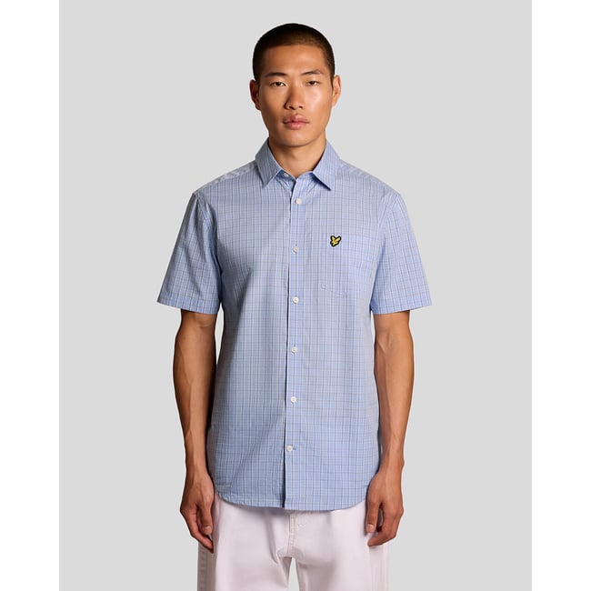 Chemise manches courtes à carreaux bleu craie <span itemprop=
