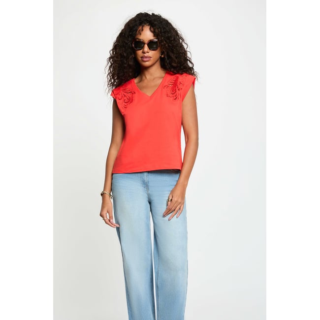 T-shirt col v manches courtes rouge vif <span itemprop=