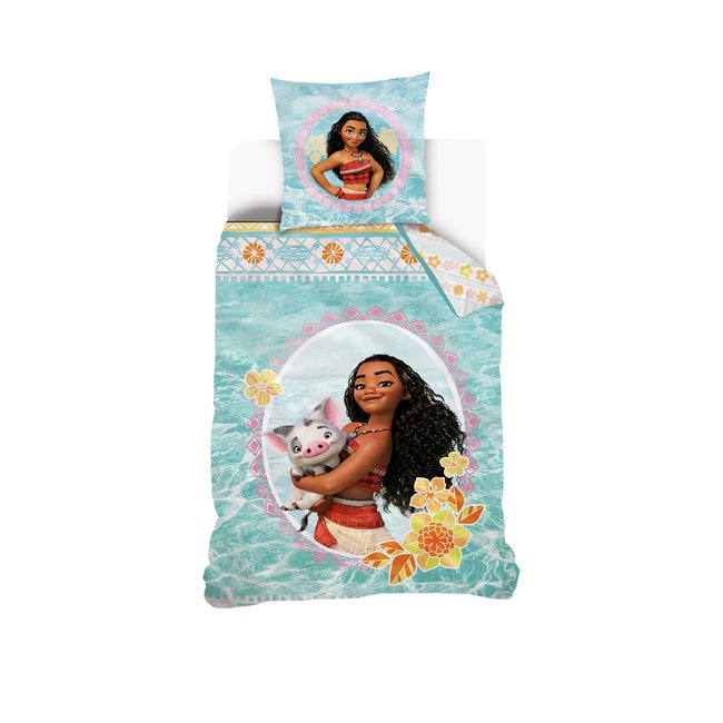 Parure de lit coton, Vaiana et Pua le cochon bleu <span itemprop=