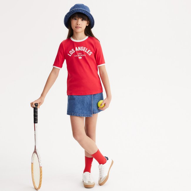Camiseta estampada de manga corta 4-14 años rojo <span itemprop=