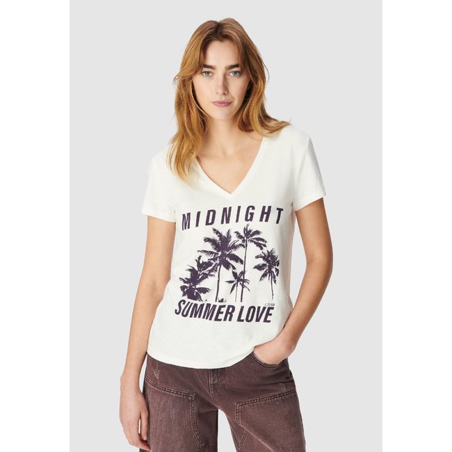 Tee-shirt col V palmiers off-white <span itemprop=