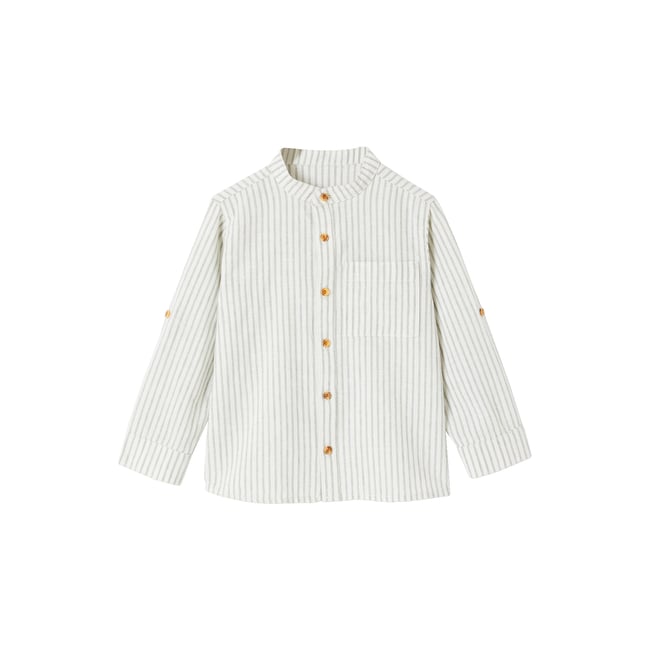 Chemise Garçon En Lin Et Coton - Col Mao, Manches Courtes, Vert Sauge, Taille 10 Ans