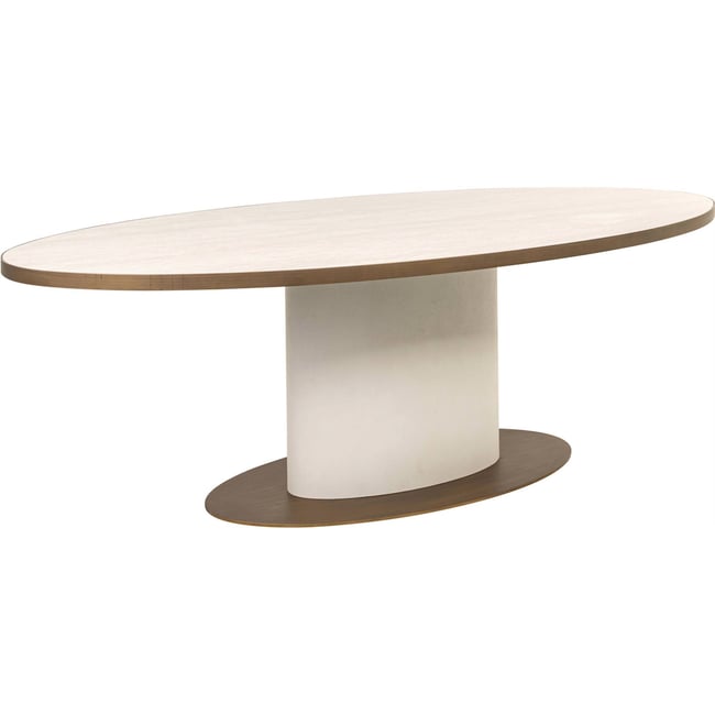 Table à manger ovale en céramique et métal Tivoli Couleur blanc travertin et bronze doré <span itemprop=