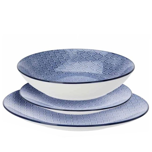 Service de 18 assiettes en porcelaine : plates, creuses et à dessert Couleur bleu & blanc <span itemprop=